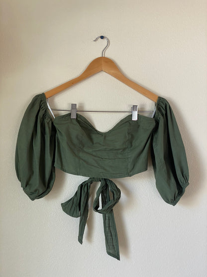 Olive Puffy Sleeve Tie Backless Top SMALL