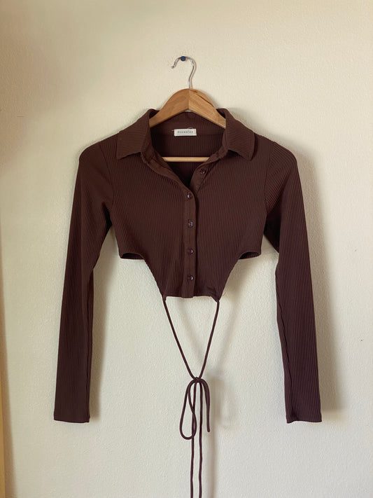 Brown Ribbed Collared Long Sleeve w Tie SMALL