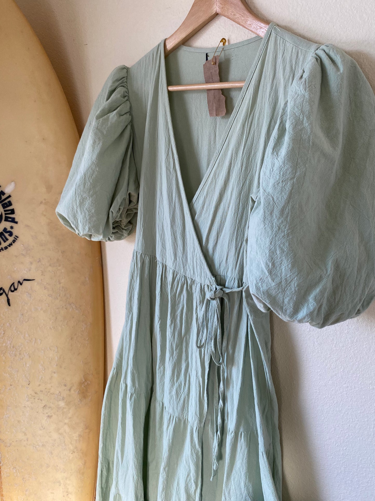 Green Puffy Sleeve Linen Wrap Dress SMALL/MEDIUM