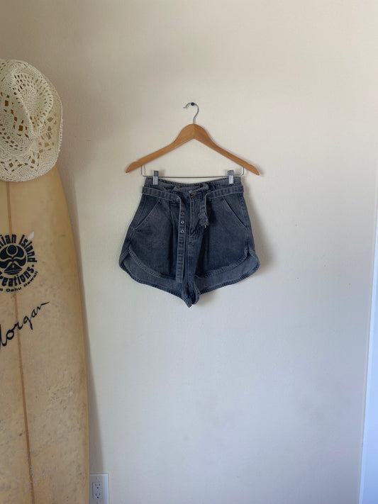 High Waisted Black Jean Belted Shorts SMALL