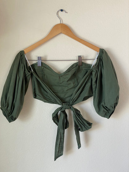 Olive Puffy Sleeve Tie Backless Top SMALL