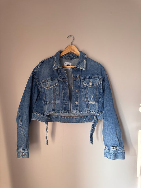 Zara Distressed Cropped Retro Denim Jean Jacket SMALL