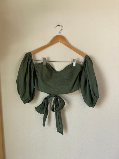 Olive Puffy Sleeve Tie Backless Top SMALL